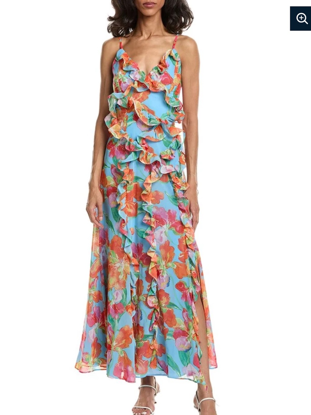 Hutch Aqua Floral Ruffle Maxi Dress with Orange and Pink Blooms